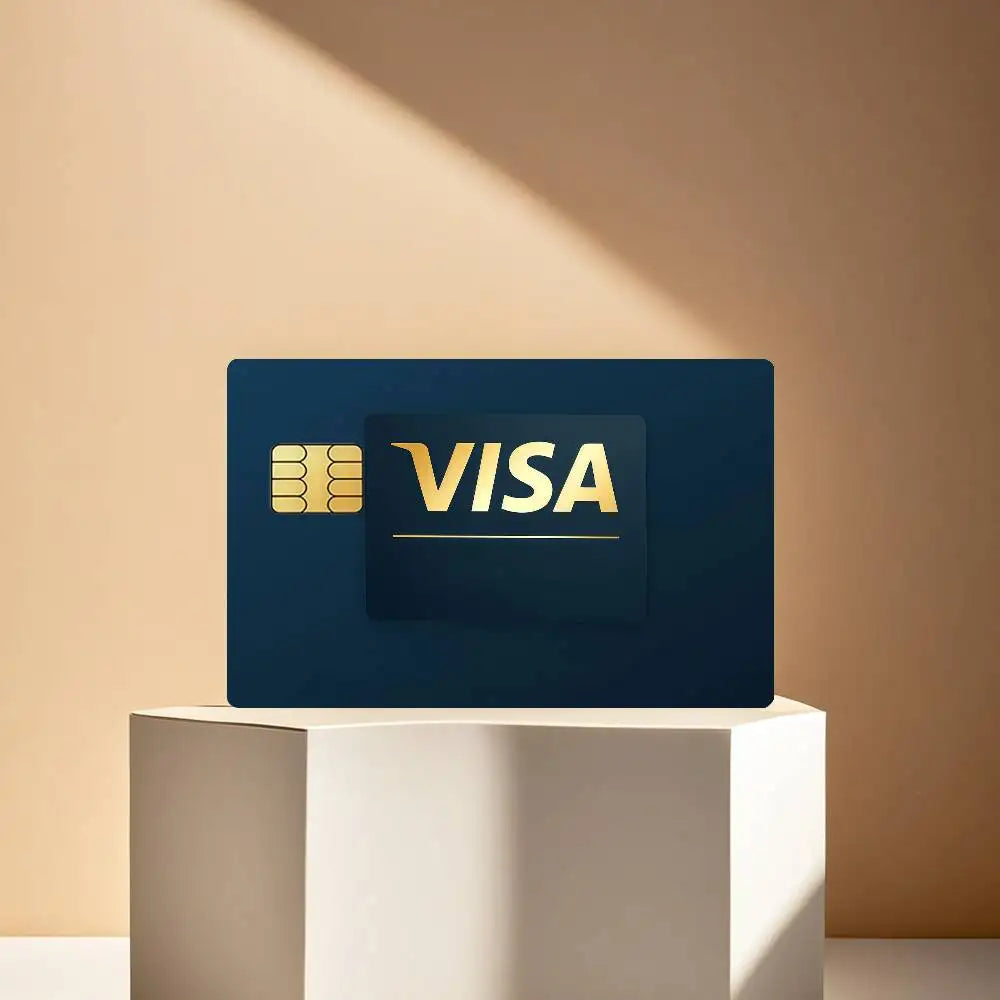 A dark blue card with a gold VISA logo and a card icon displayed on a white pedestal.