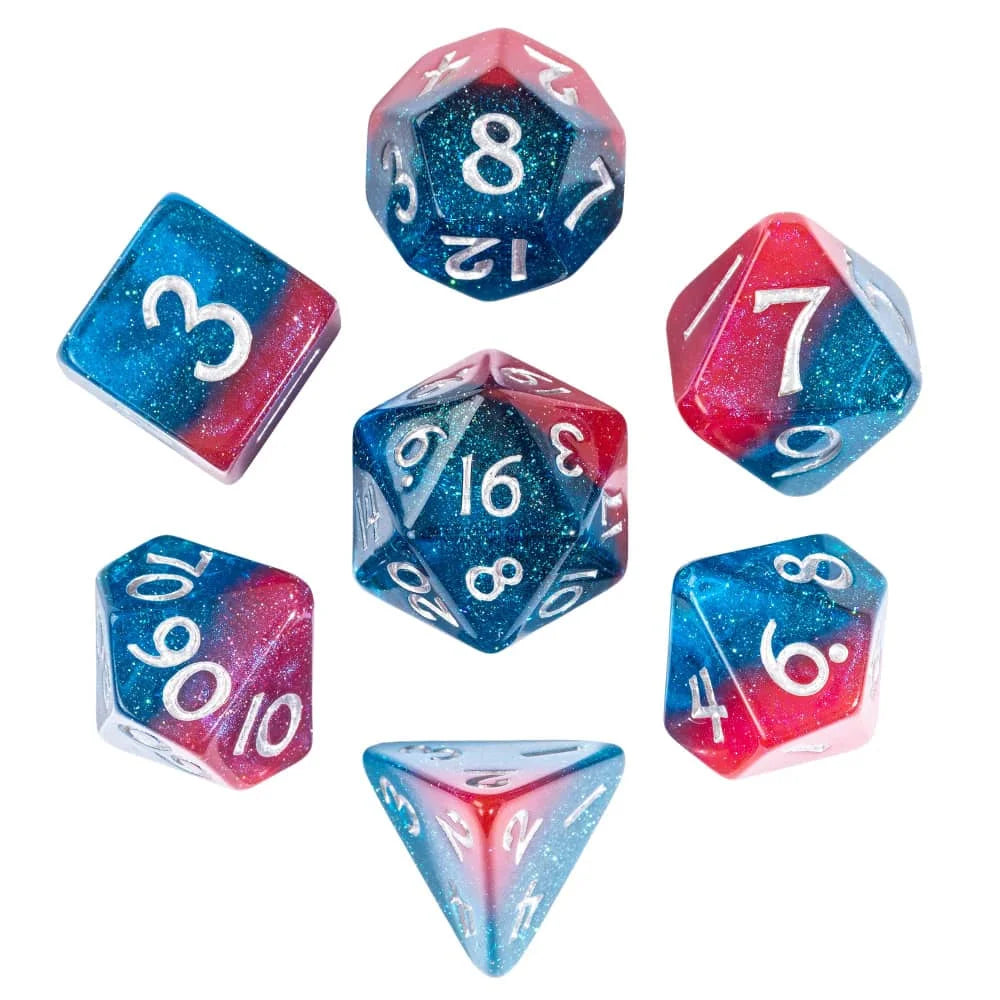 A set of ten polyhedral dice in various colors and glitter resin for tabletop role-playing games