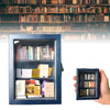 A dark blue wooden miniature bookshelf ornament displaying various small books.