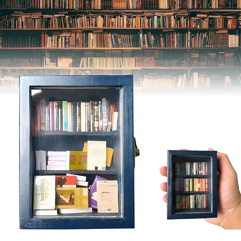 A dark blue wooden miniature bookshelf ornament displaying various small books.