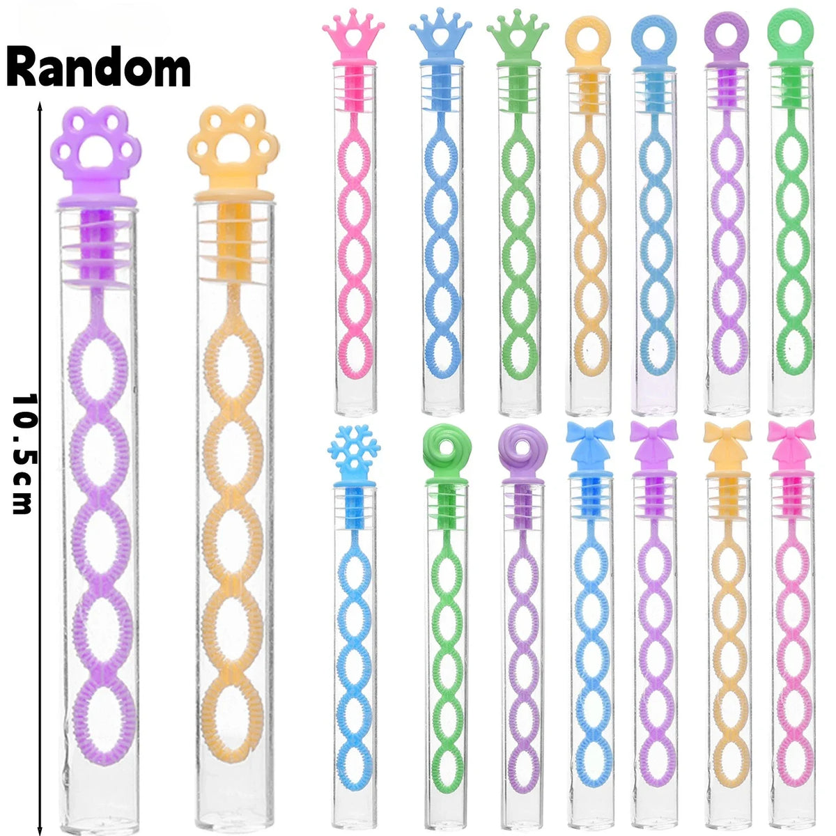 A collection of colorful bubble wands with 5-hole designs displayed vertically.