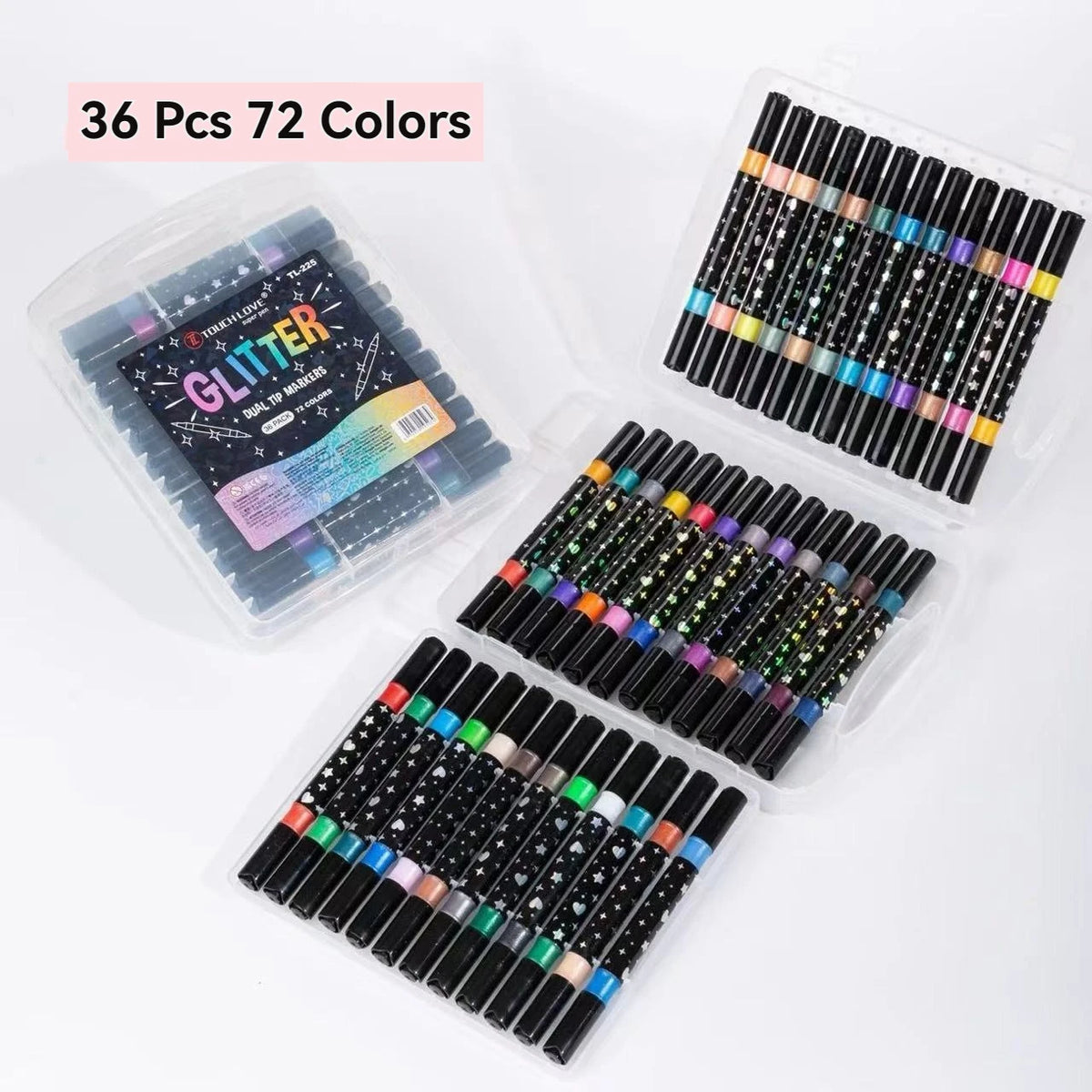 A collection of 36 glitter markers in 72 colors packaged in clear plastic containers.