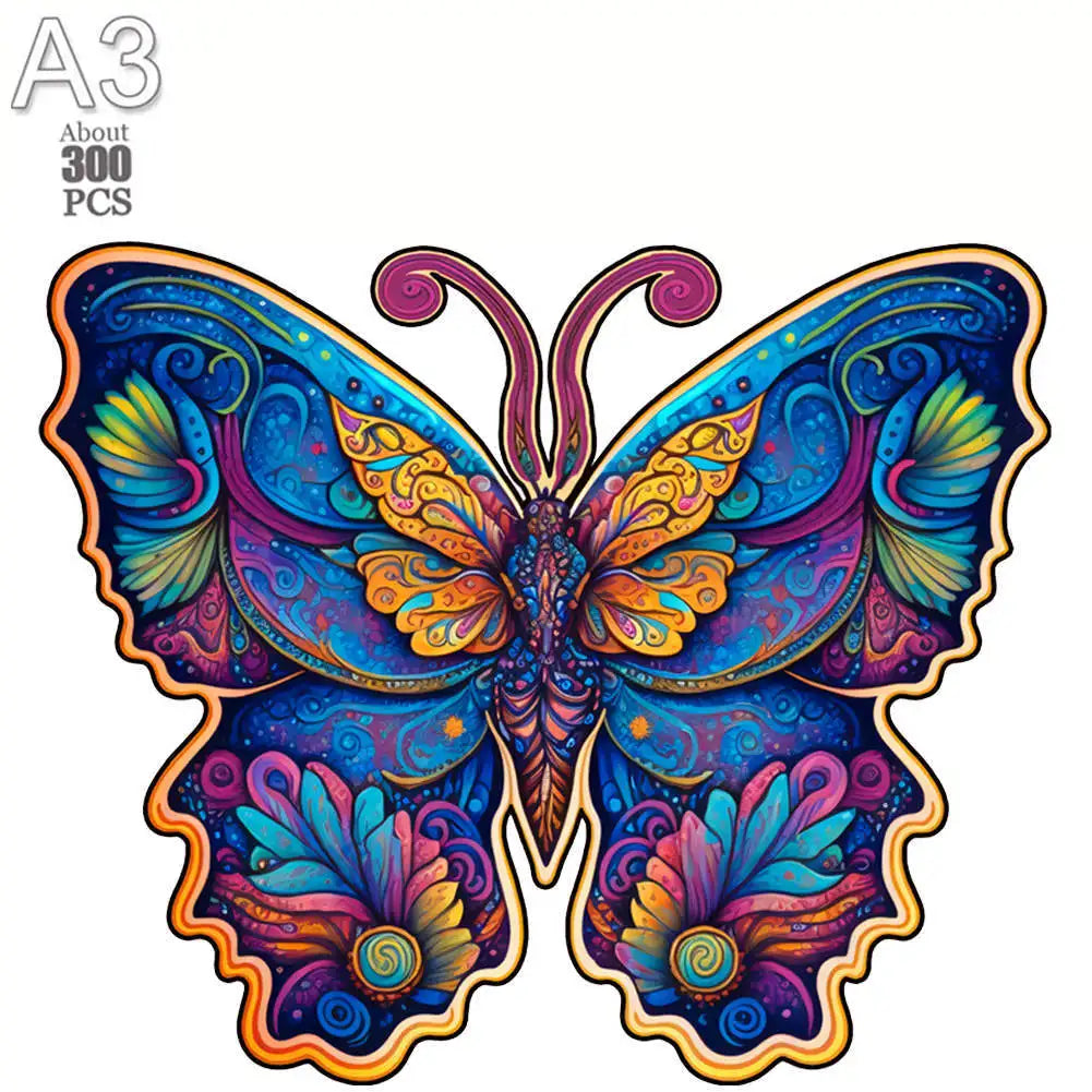 A colorful wooden puzzle set featuring a bee, flower, and cat in 3D jigsaw style.