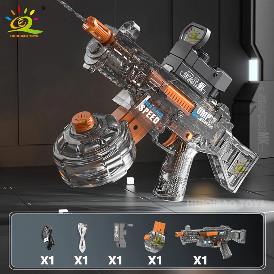 An automatic electric UMP45 water blaster rifle with a clear barrel and orange accents, shown in a studio setting.
