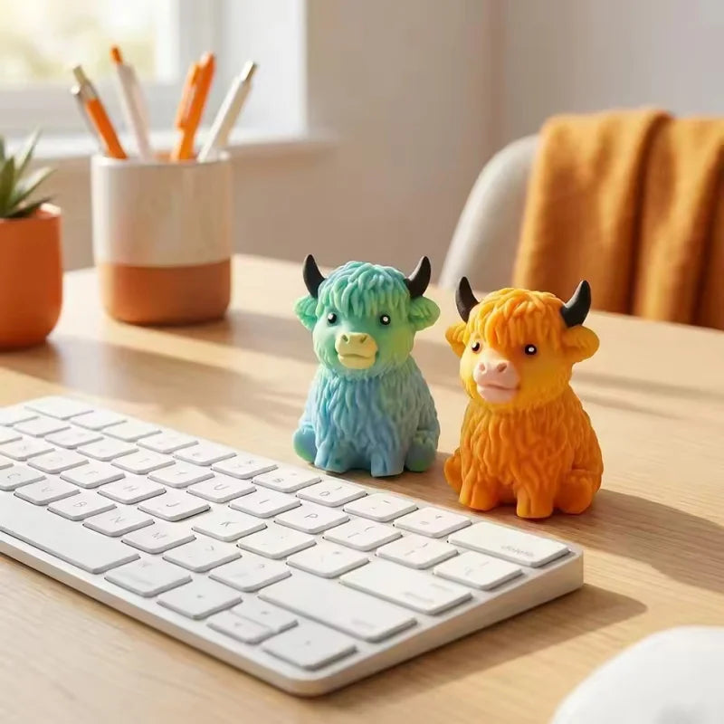 An orange glitter cow squishy stress relief toy sitting next to a white computer keyboard.