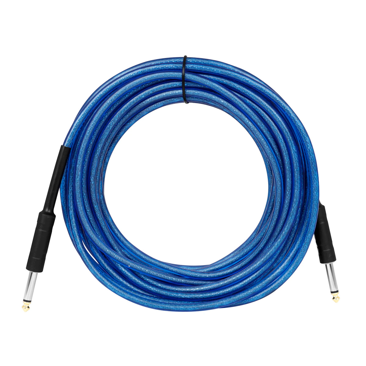 Blue professional instrument cable with noise reduction shielding coiled in a circle