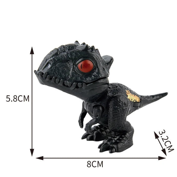 A black finger dinosaur fidget toy with movable joints resembling a Jurassic biting tyrannosaurus.