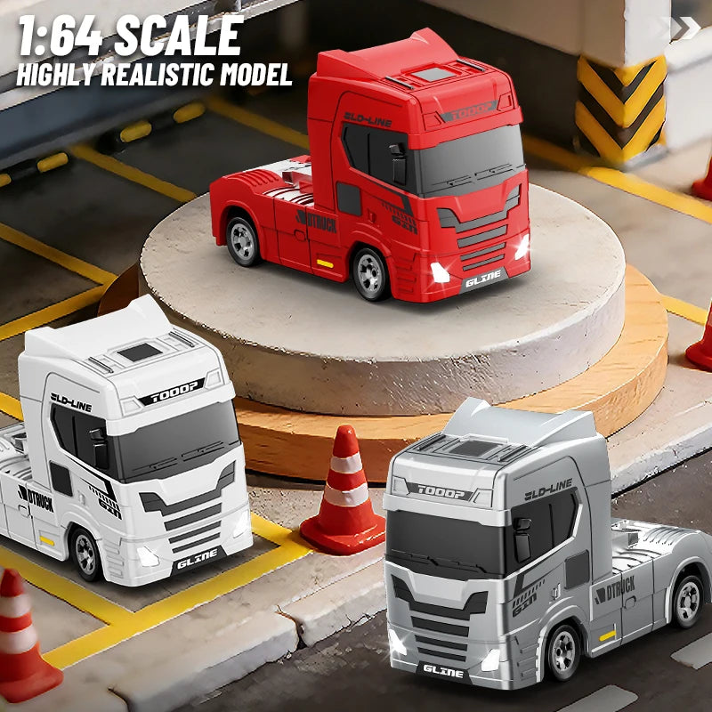 A red and black 1:64 scale model of a truck is displayed on a round wooden base with surrounding accessories.