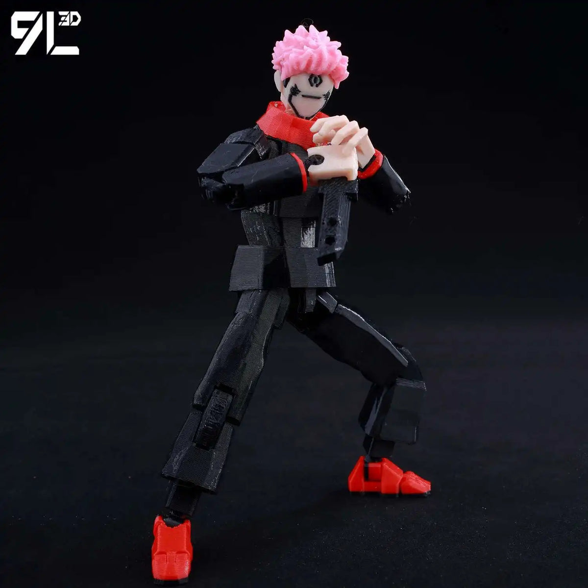 A fully articulated action figure of Yuji Itadori from Jujutsu Kaisen, standing in a dynamic pose.