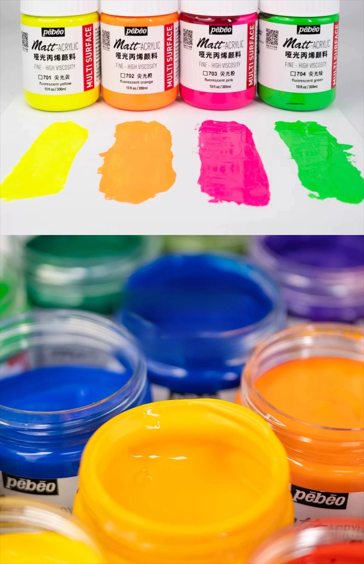 A collection of PEBEO Matte Acrylic paints in various colors and shades displayed in small bottles.