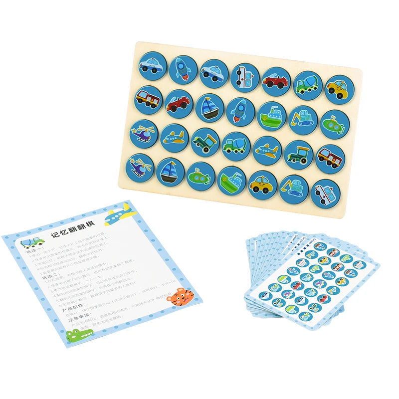 A wooden memory matching game featuring circular tiles with various vehicles and objects for kids.