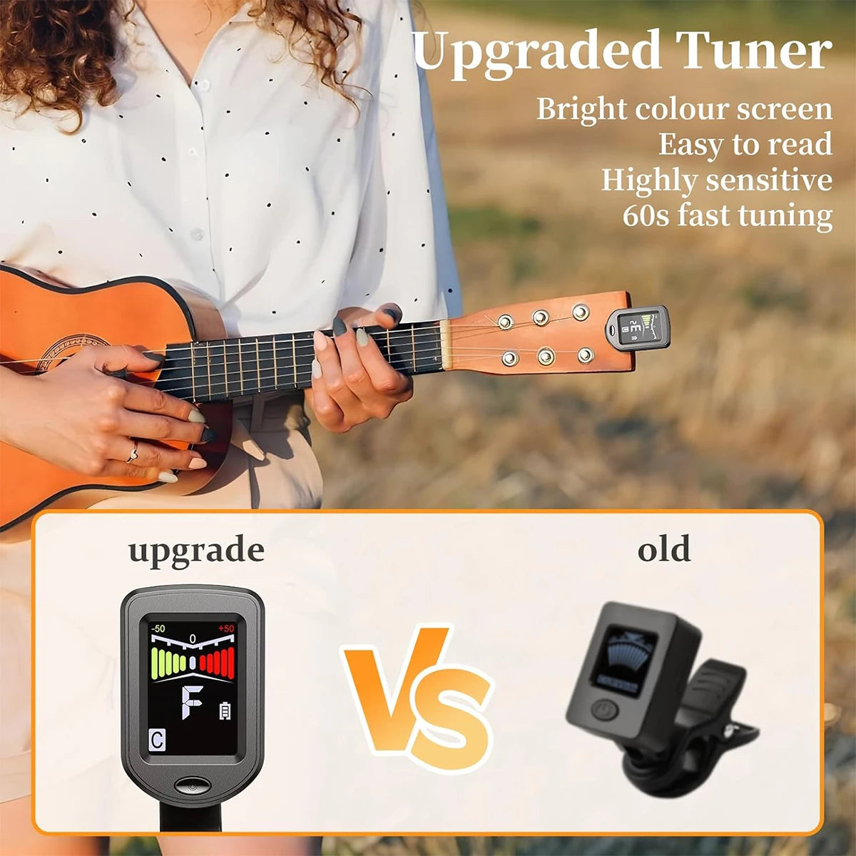An upgraded clip-on tuner is shown being used on a guitar, highlighting its bright color screen and ease of use.