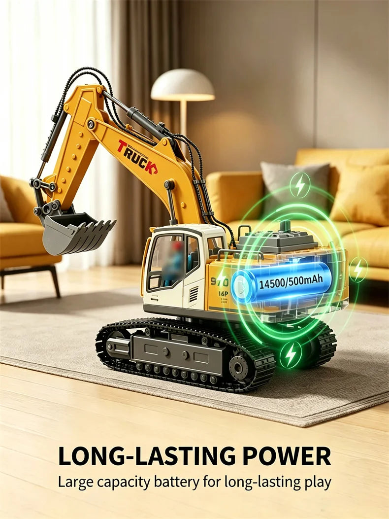 A yellow RC excavator toy with a large battery is shown on a wooden floor.