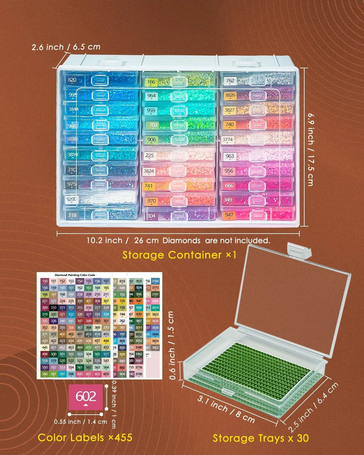 A storage container holding 30 diamond painting trays and color labels for crafting.