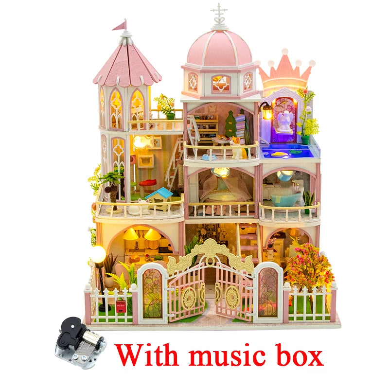 A detailed wooden dollhouse kit of a castle with pink and white architecture featuring LED lighting and furniture.