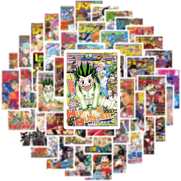 A collection of anime aesthetic poster stickers for laptops and phones featuring various characters and artwork.