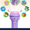 A purple kids' projection flashlight with various animal patterns, used for telling stories and stimulating a baby's imaginat