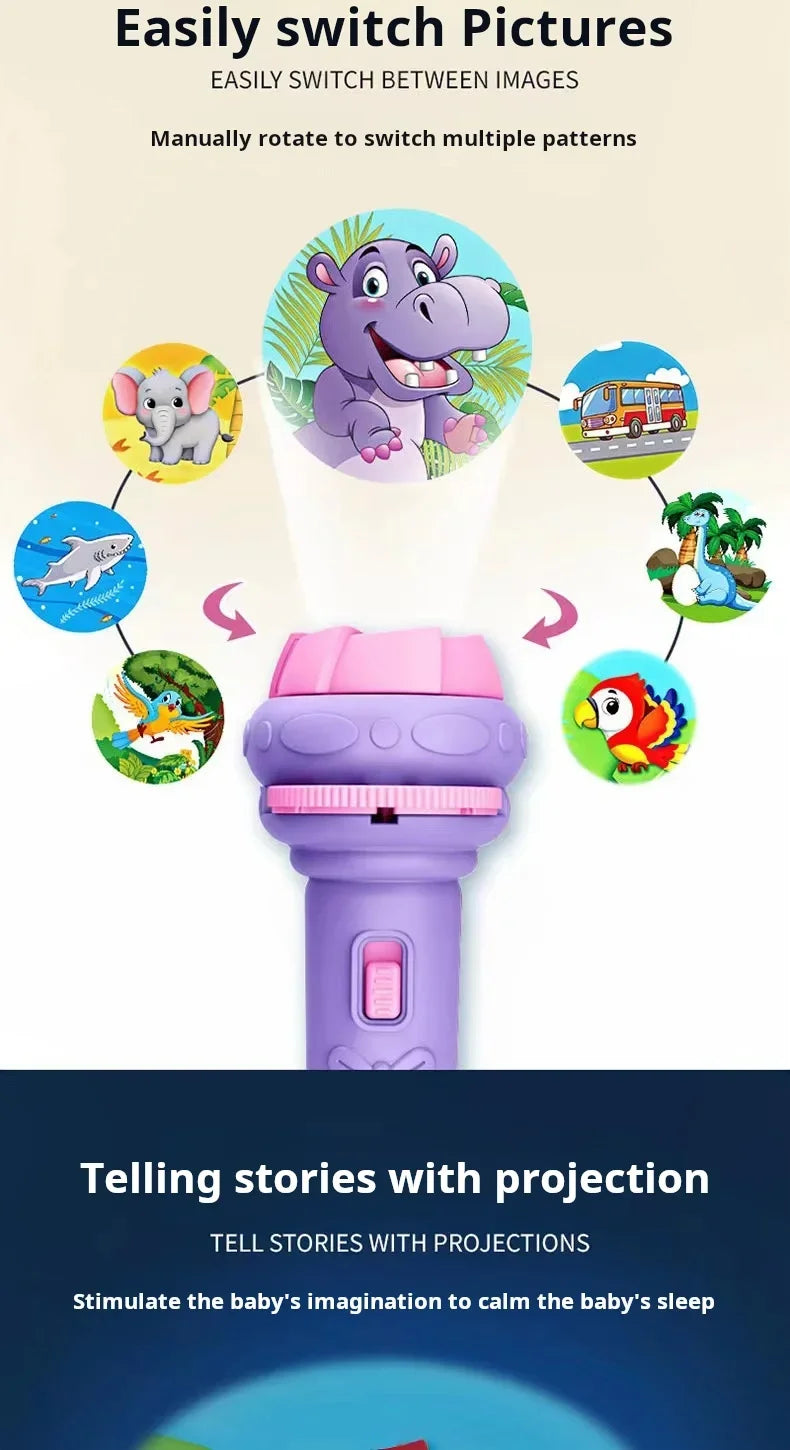 A purple kids' projection flashlight with various animal patterns, used for telling stories and stimulating a baby's imaginat