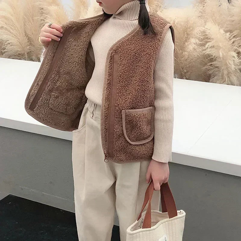 A person is wearing a brown fuzzy lamb wool baby vest over a cream turtleneck and light beige pants.