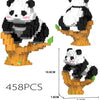A 458 piece mini panda building block set featuring black and white panda figures and wooden tree elements.