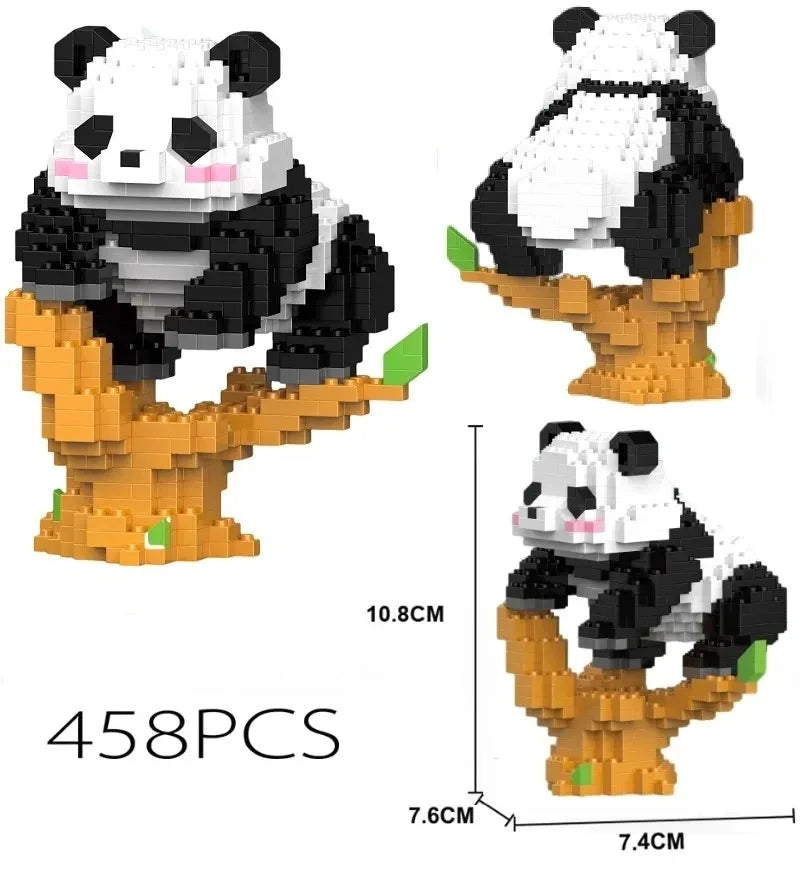 A 458 piece mini panda building block set featuring black and white panda figures and wooden tree elements.