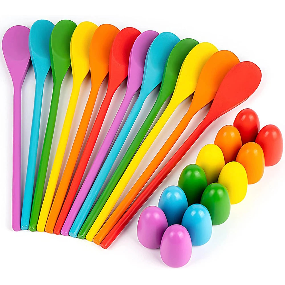 A set of colorful plastic spoons shaped like Easter eggs for a kids game