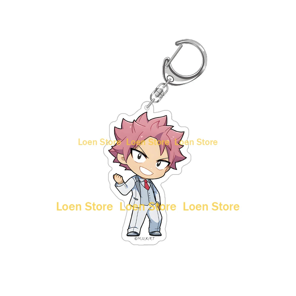 Chibi acrylic keychain of a pink-haired male character from Fairy Tail with a silver keyring.