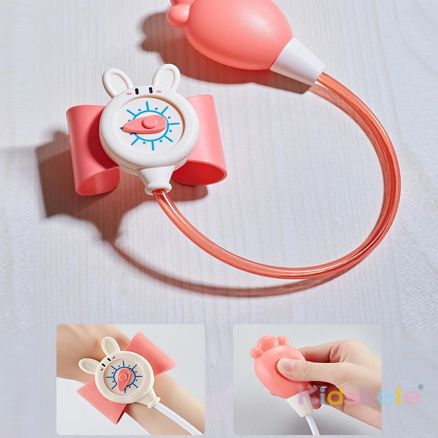 A pink kids doctor play set with a stethoscope and medical tools shown against a white background.