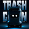 A dark gray mini remote control trash can toy with a black opening lid is shown against a dark background.