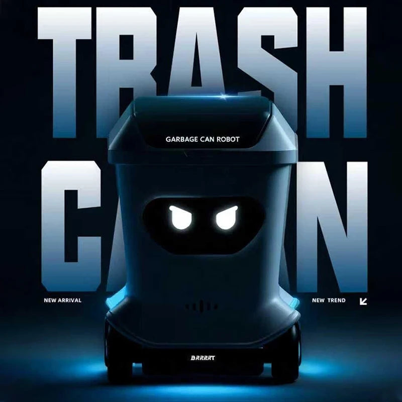 A dark gray mini remote control trash can toy with a black opening lid is shown against a dark background.