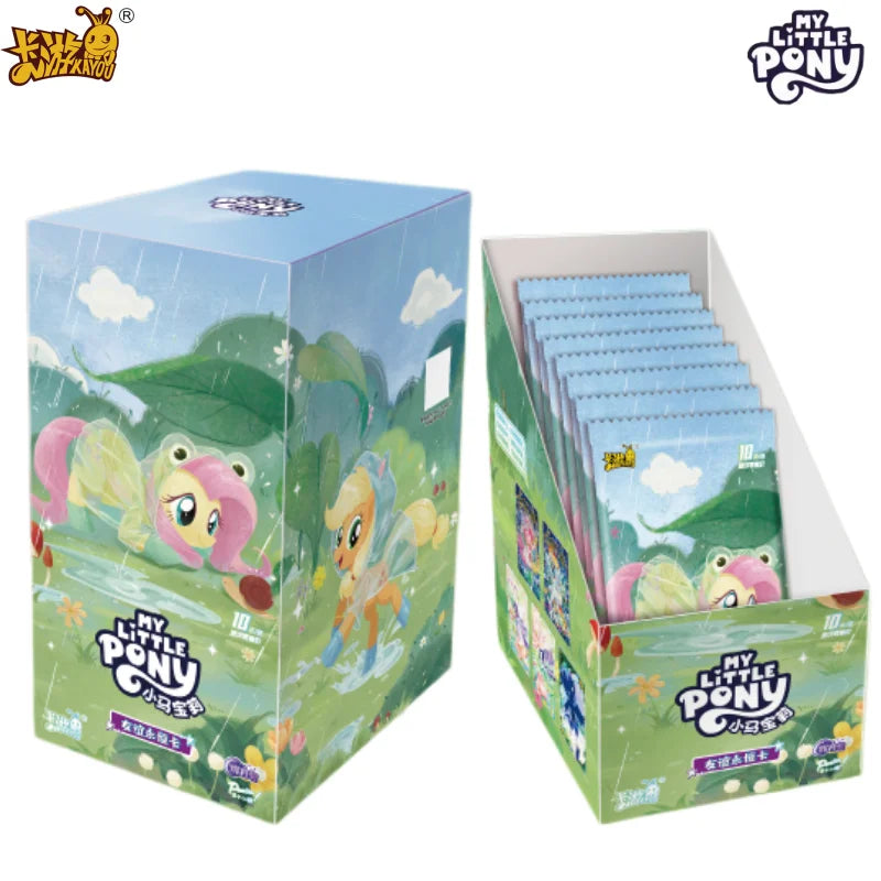 A box of My Little Pony friendship forever trading cards featuring characters like Twilight Sparkle and Rainbow Dash.