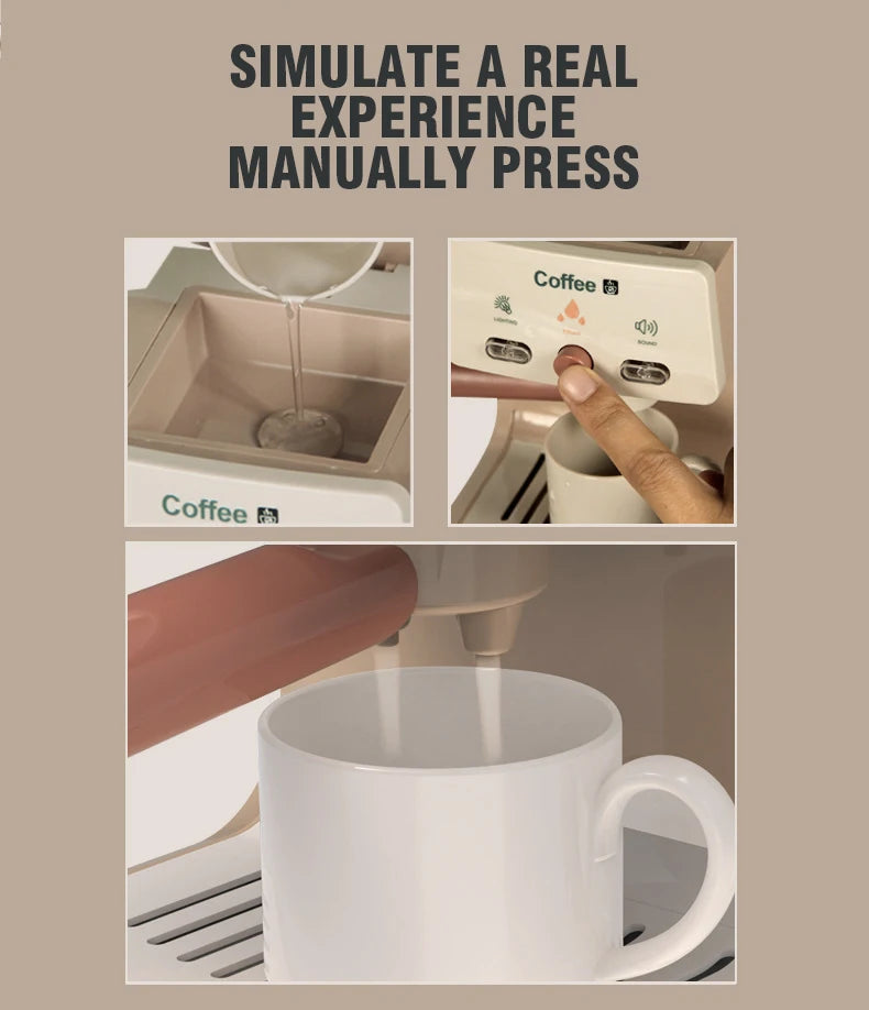 A close-up of a coffee machine set being manually pressed, showing the process and resulting coffee in a mug.