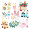 A miniature dollhouse furniture set featuring kitchen appliances, bathroom fixtures, and various accessories for play.