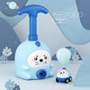 A blue balloon-powered racing car toy launcher with six balloons and a car, shown against a light blue background.