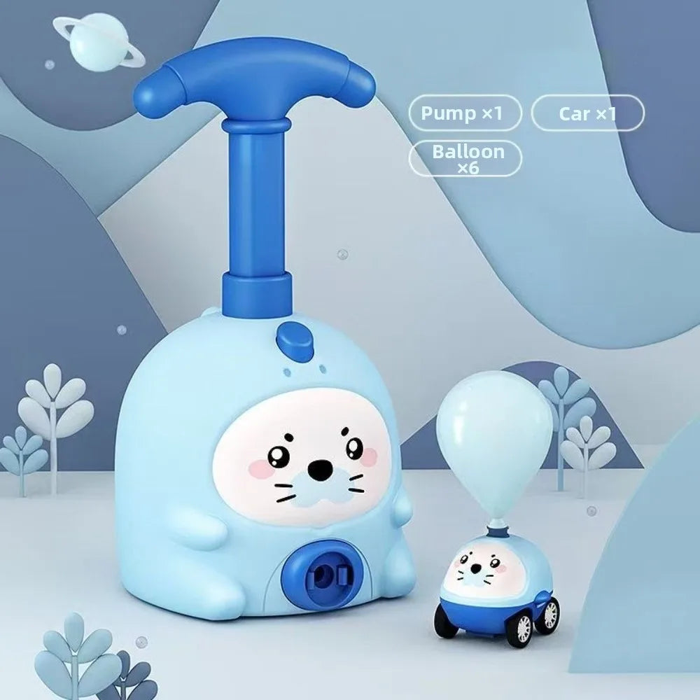 A blue balloon-powered racing car toy launcher with six balloons and a car, shown against a light blue background.