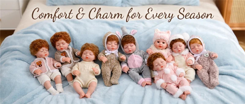A collection of twelve 12-inch reborn dolls dressed in cozy winter outfits lying on a blue blanket.