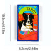 A rectangular tarot deck featuring a black and white dog, various colored cards, and a yellow sun symbol on a bright backgrou