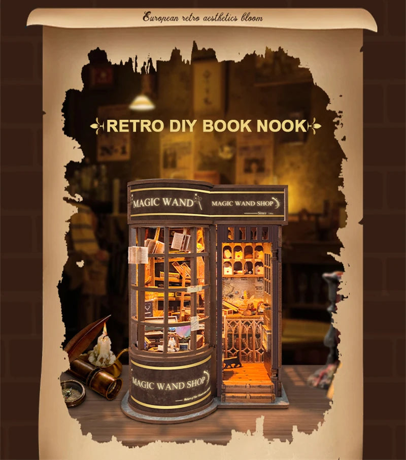 A wooden miniature kit of a magic wand shop display inside a diorama book nook.