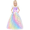A female doll wearing an elegant evening gown with a purple bodice and a multicolored iridescent tulle skirt.