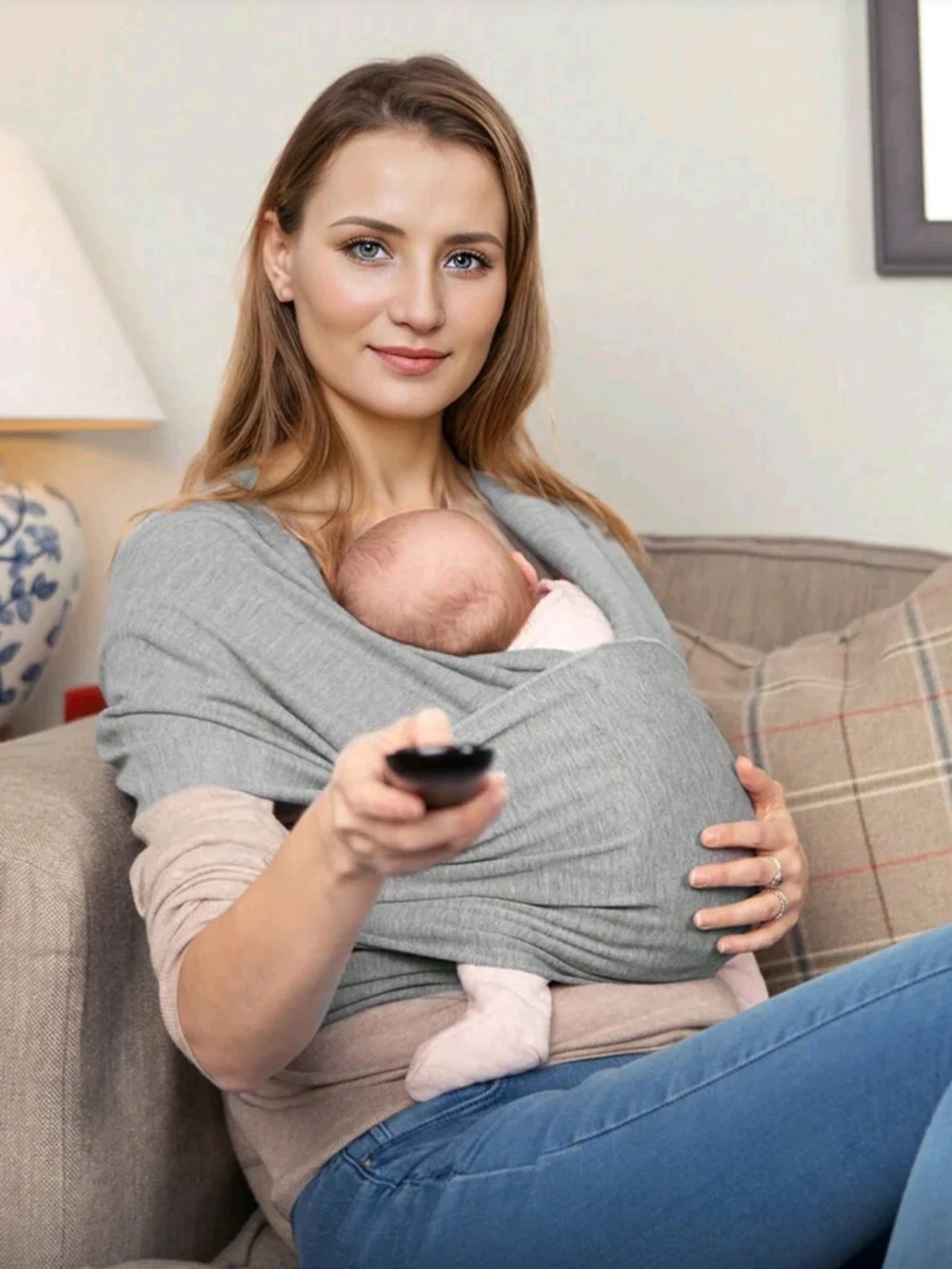 A pregnant woman is holding a baby in a knitted fabric multi-functional baby carrier while sitting on a sofa.