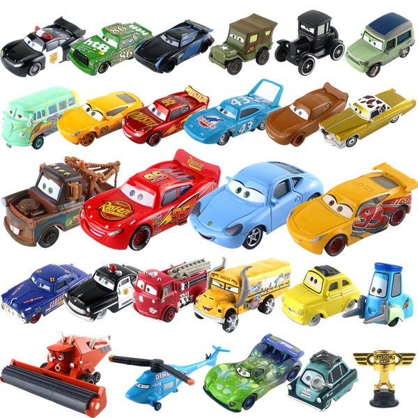 A collection of Lightning McQueen and friends diecast cars in various colors and models.
