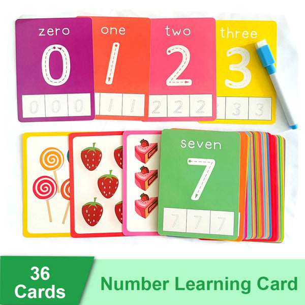 A set of 36 number learning cards showing digits zero through seven in various colors and formats.