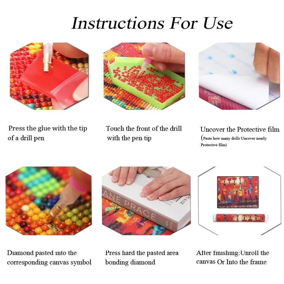 Instructions for using a 5D diamond painting kit showing steps like pressing glue and sanding diamonds.
