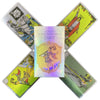 A spread of five holographic tarot cards featuring various figures and symbols.