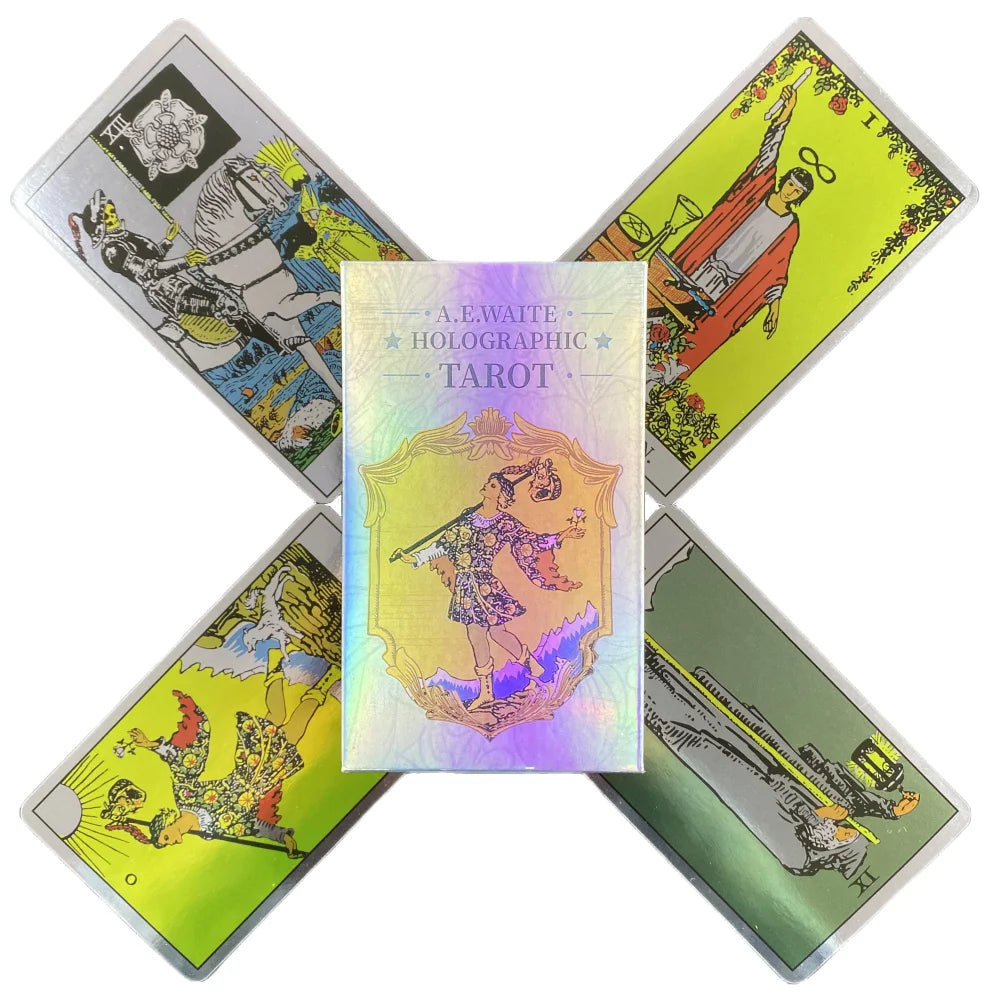 A spread of five holographic tarot cards featuring various figures and symbols.