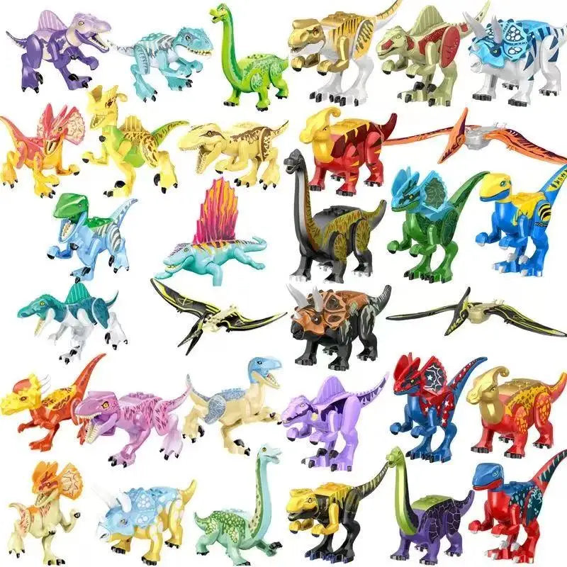 A collection of various dinosaur figures and building blocks in different colors and styles.