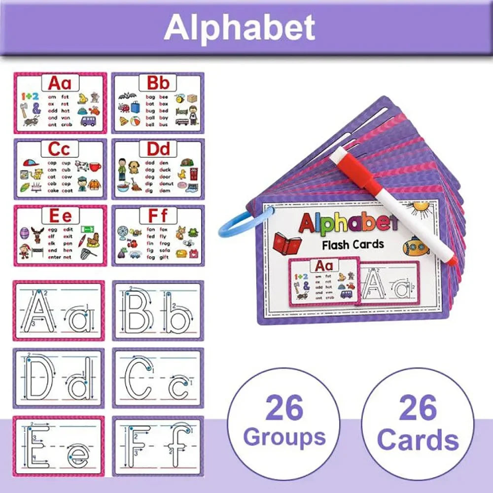 A set of alphabet flash cards featuring letters Aa to Zz for tracing and writing practice.