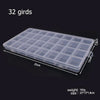 A rectangular plastic storage box with 32 individual compartments for organizing jewelry and craft supplies.