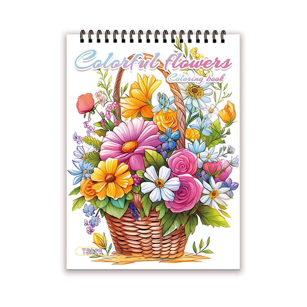 A colorful illustration of various flowers in a woven basket for an adult coloring book.
