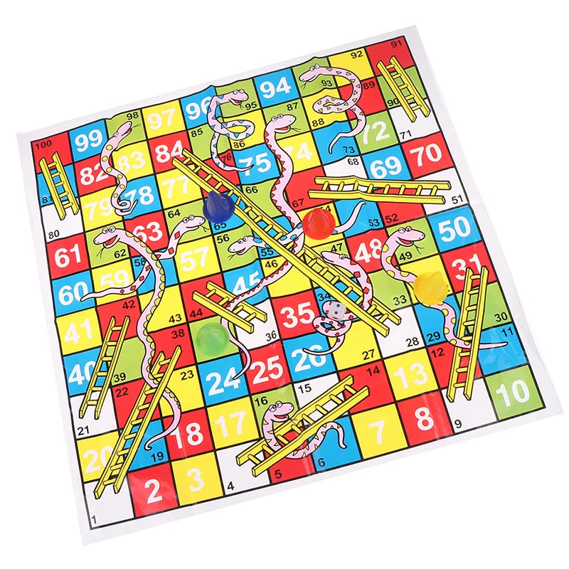 A colorful Snakes and Ladders board game with numbered squares, ladders, and snakes for family fun.
